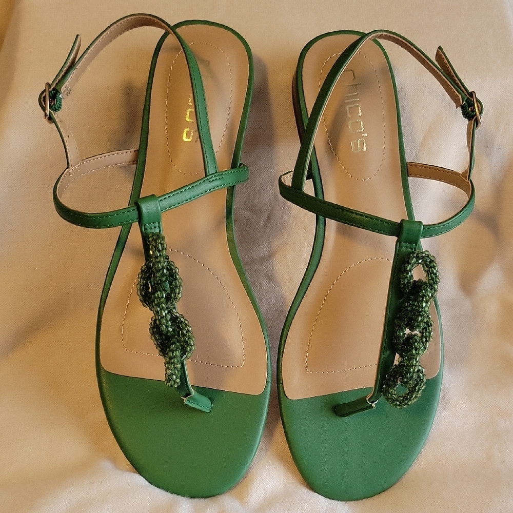 Chico's Sierra Beaded Chain Thong Green Flat Sandals NEW With Tags- 8.5